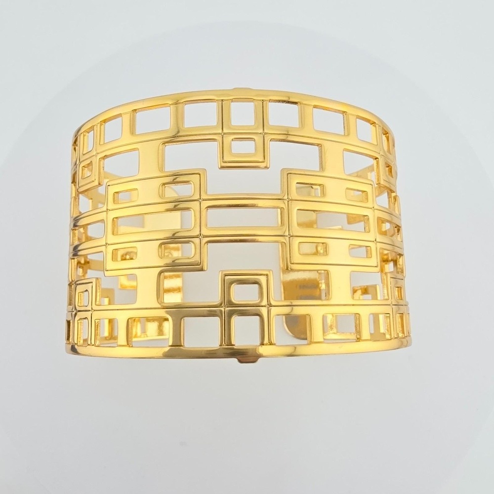 BRIGHTON Christo Lyon Cuff Bracelet Wide Open Geometric Pattern Gold Plate 7.25"